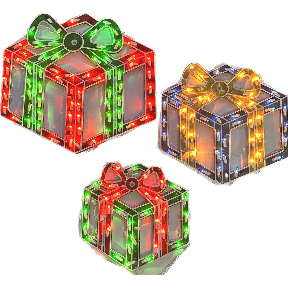 Holiday Lighted Christmas Presents Gift Boxes Window Silhouettes Flat Set of 3